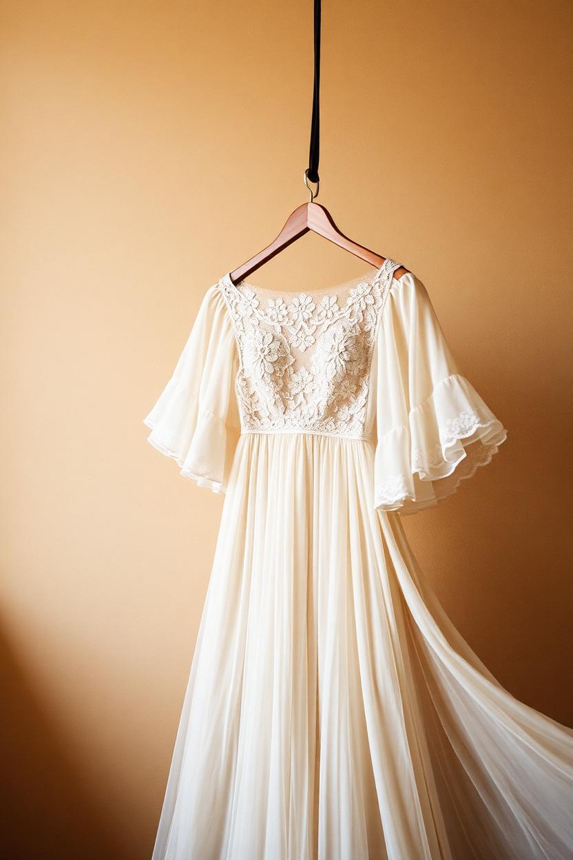 Bohemian chiffon wedding gown with flutter sleeves and floral lace