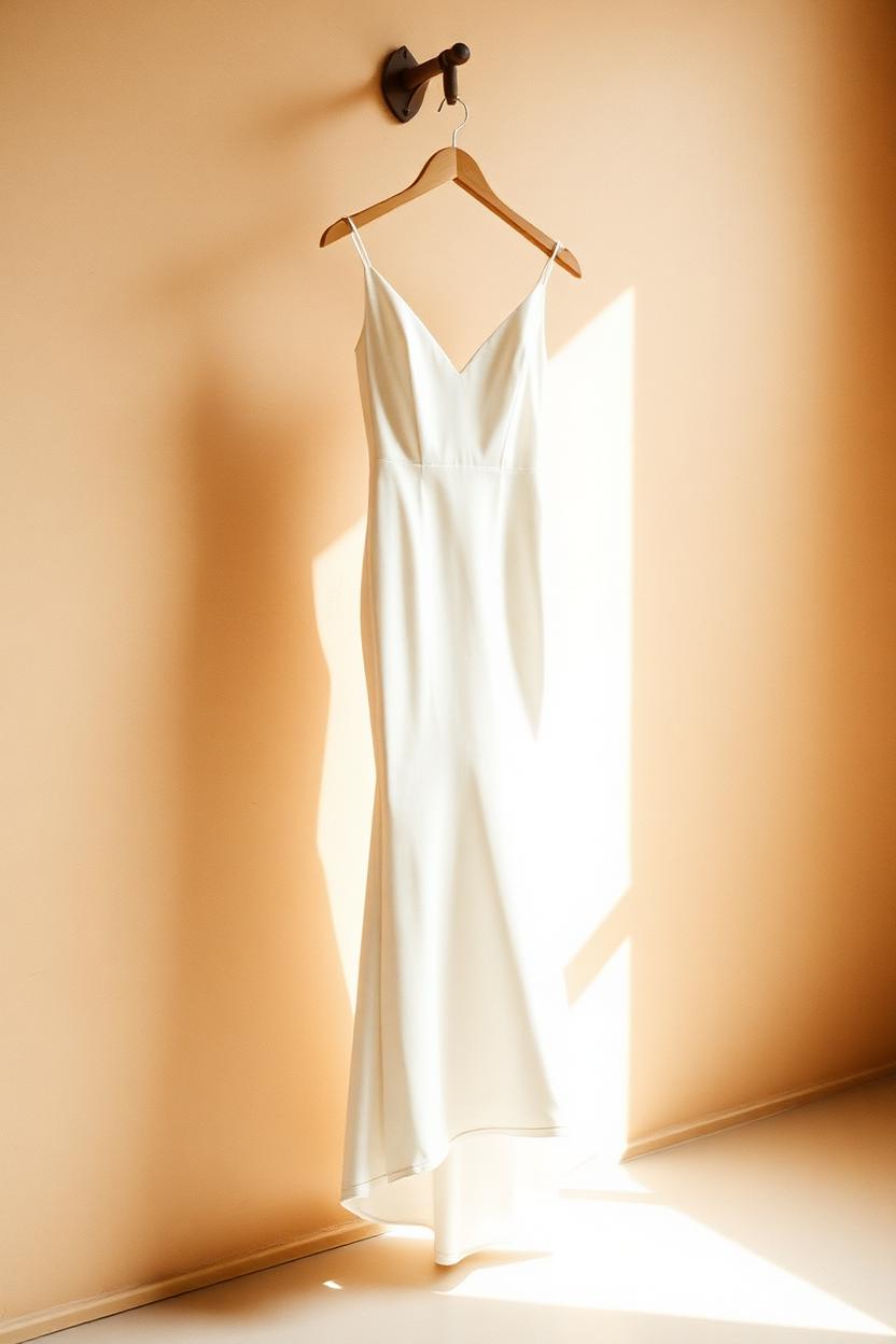 Minimalist crepe mermaid wedding gown in soft window light