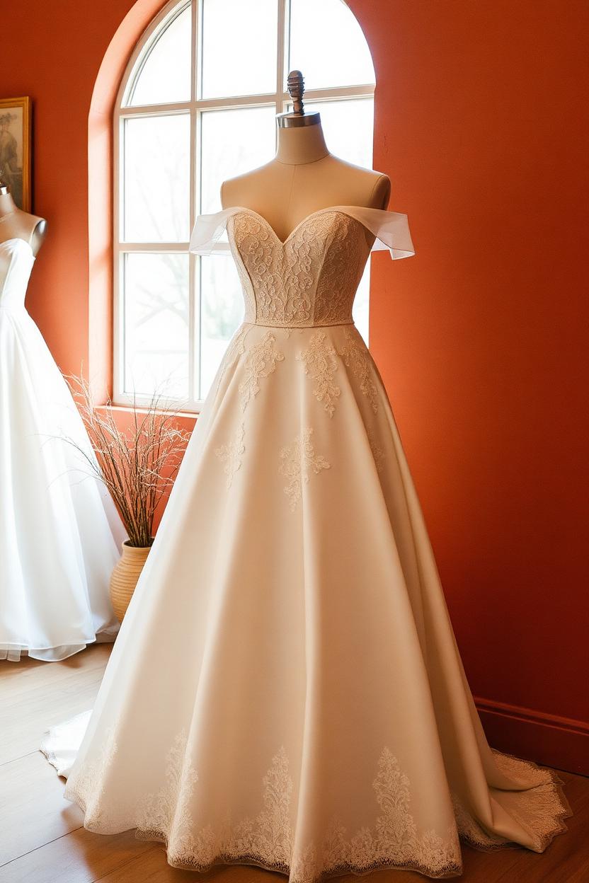 Champagne off-shoulder lace wedding gown on a curve mannequin