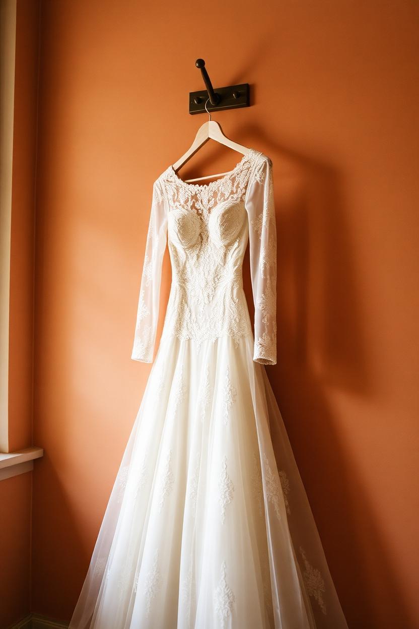 Ivory lace A-line wedding gown with long illusion sleeves on a wooden hanger