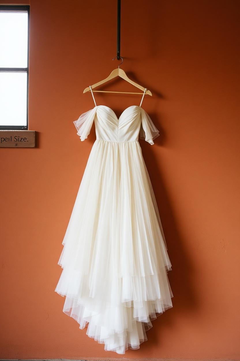 Off-shoulder wedding gown with draped sleeves and layered tulle skirt