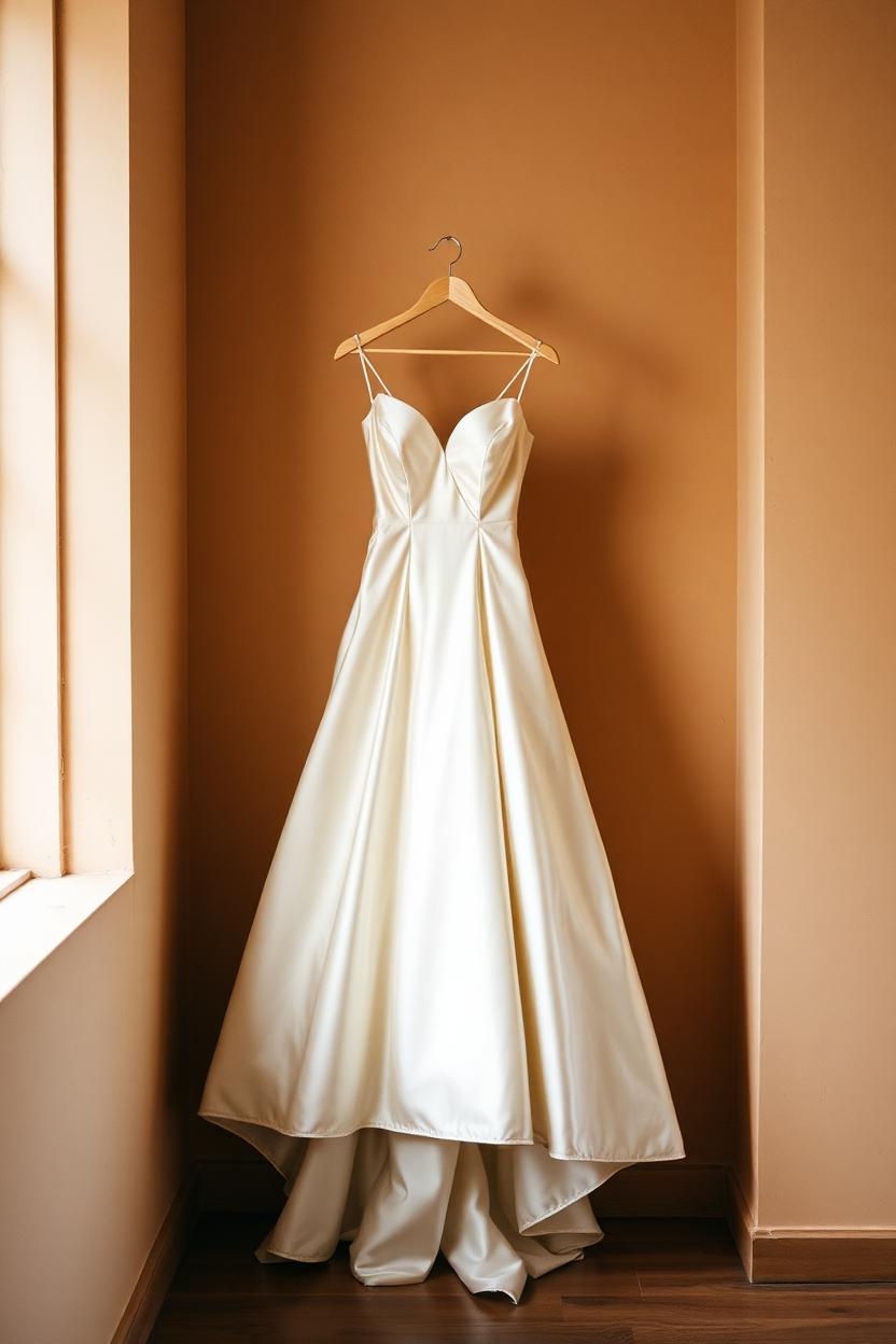 Ivory satin ballgown wedding dress hanging by a window