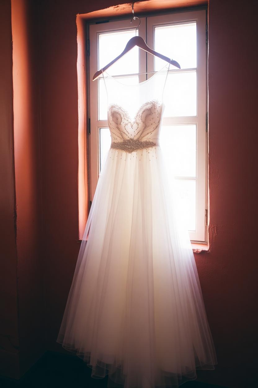 Beaded sparkle tulle princess wedding gown glowing in window light