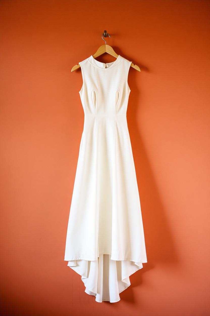 Vintage-inspired ivory tea-length wedding dress on a hanger